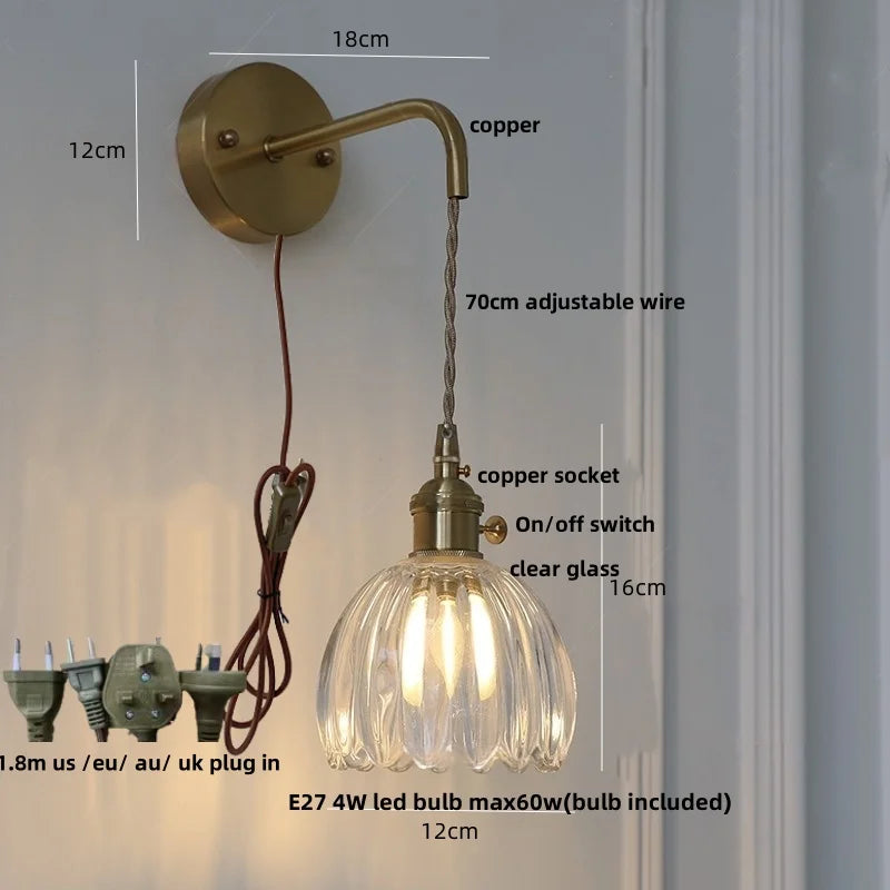 Helnys Smoke Gray Glass LED Wall Light with Pull Chain Switch - Minimalist Design