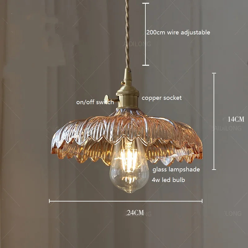 Helnys Nordic Copper Glass LED Pendant Light for Home Dining Hallway Balcony
