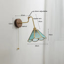 Helnys Green Glass Copper LED Wall Lamp with Pull Chain Switch and Walnut Wood Base