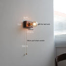 Helnys Vintage LED Wall Lamp with Pull Chain Switch, Walnut Ash Wood & Copper.