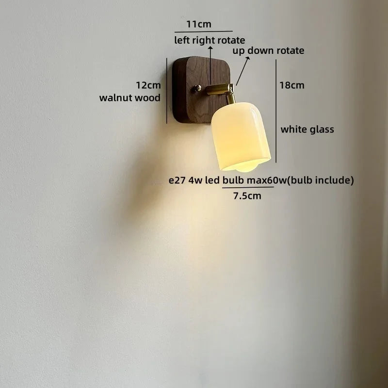 Helnys Nordic LED Wall Sconce White Glass Walnut Wood Stair Light