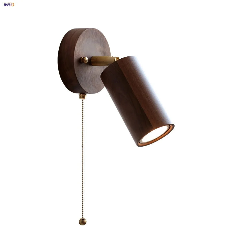 Helnys Nordic LED Wall Lamp Walnut Finish Pull Chain Switch Rotating Light