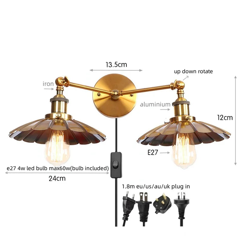 Helnys Vintage LED Wall Lamp Iron Industrial Style Loft Wandlamp
