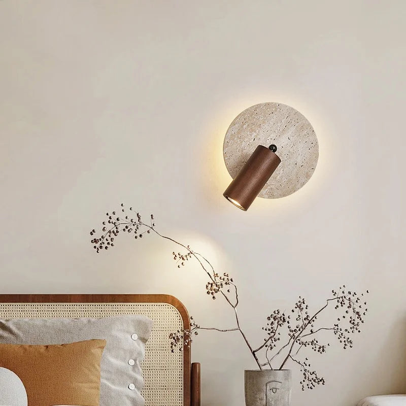 Helnys Wood LED Wall Sconce Pull Chain Rotate Yellow Travertine Modern Lighting