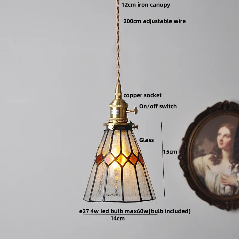 Helnys Amber Glass LED Pendant Light Fixture with Walnut Wood Bar and Adjustable Wire