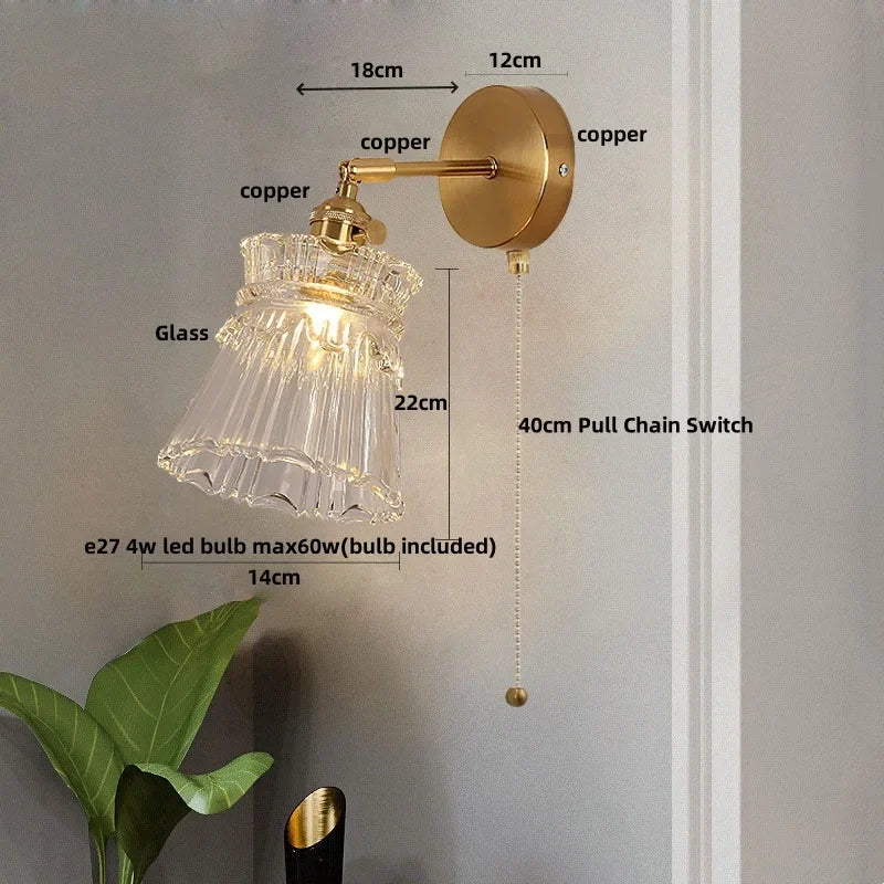 Helnys Clear Glass LED Wall Lamp with Pull Chain Switch for Modern Luxury Home Decor