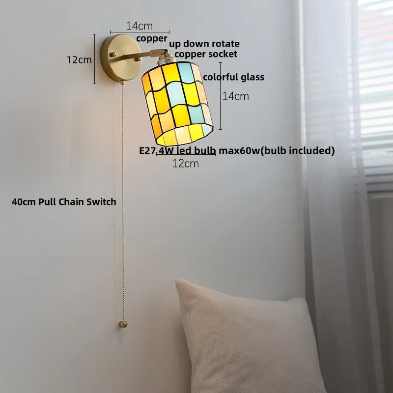 Helnys Copper LED Wall Lamp with Pull Chain Switch & Rotatable Glass Mirror Light