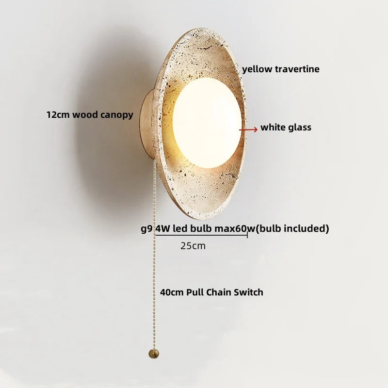 Helnys LED Wall Light with Wood Base, Natrual Yellow Travertine, Nordic Modern Design