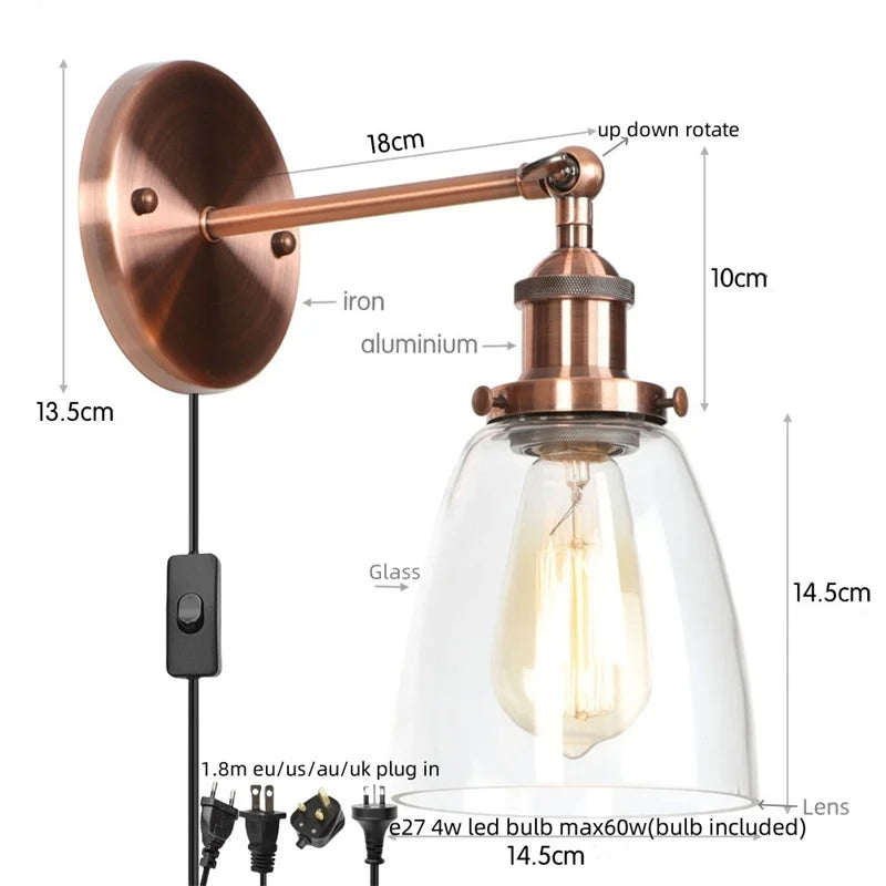Helnys LED Wall Lamp Single Arm Glass Iron Vintage Retro Stair Light