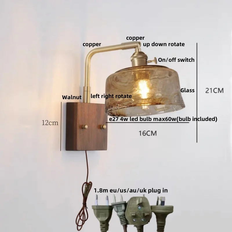 Helnys LED Wall Light Fixture Walnut Wood Copper Bedside Lamp Rotation Dining Room