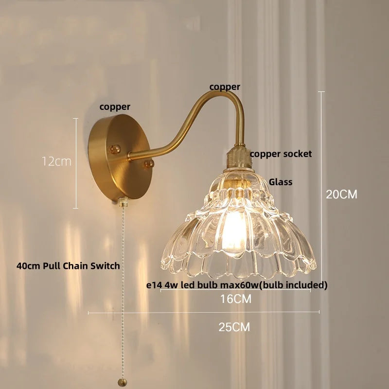 Helnys Loft LED Wall Sconce Pull Chain Switch Pink Glass Stair Light