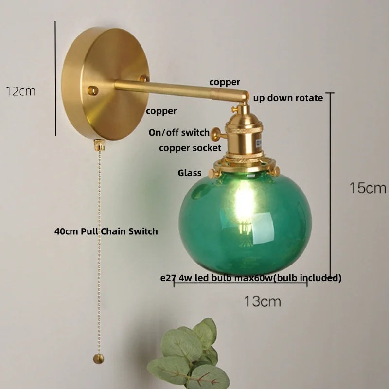 Helnys Vintage Blue Glass LED Wall Lamp with Pull Chain Switch
