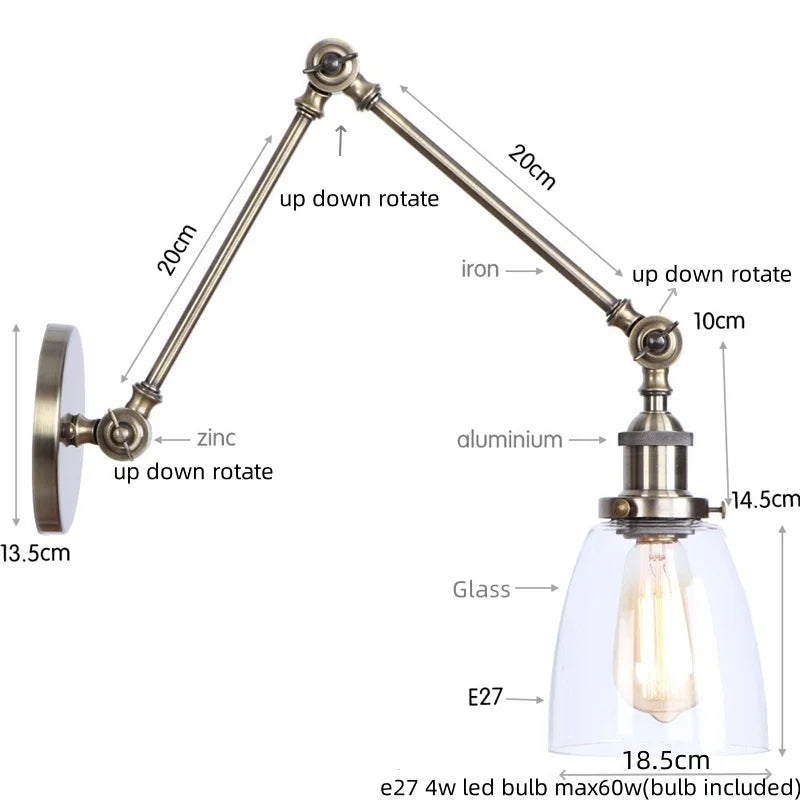 Helnys Industrial Vintage Swing Arm LED Lamp with Pull Chain Switch