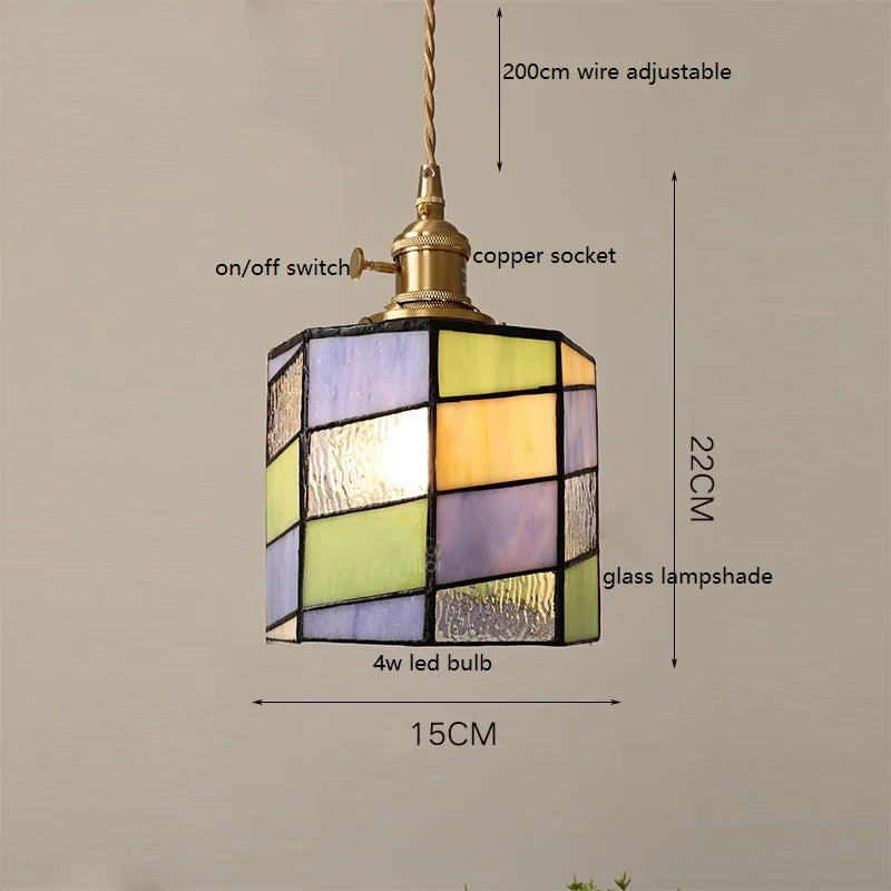 Helnys Vintage Europe Style LED Pendant Light with Wood, Copper, Glass Lampshade