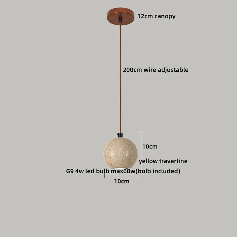 Helnys Yellow Travertine Globe LED Pendant Light for Bedroom Living Room