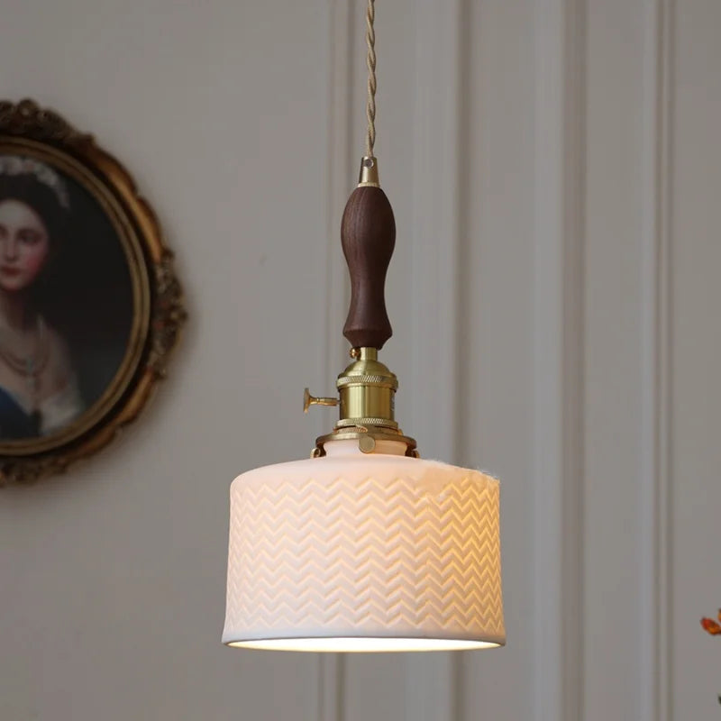 Helnys Walnut Wood LED Pendant Light Ceramic Copper Nordic Modern Hang Lamp