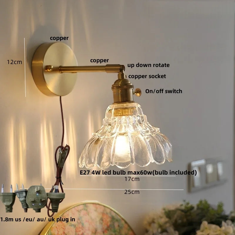 Helnys Nordic LED Wall Light | Modern Copper Bedside Lamp with Clear Glass Rotation