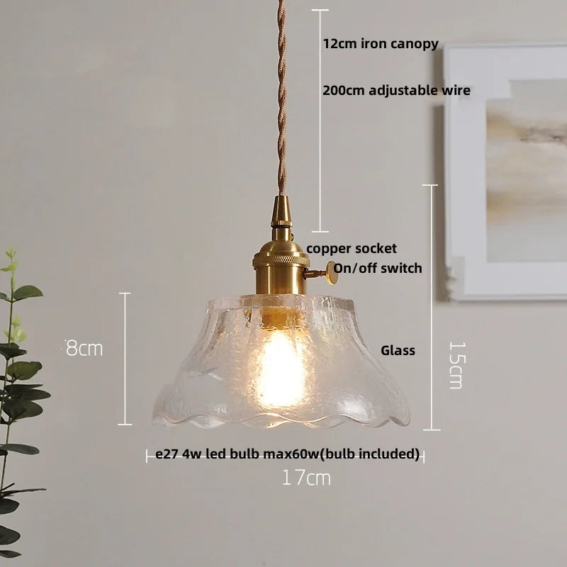 Helnys Clear Glass LED Pendant Lamp with Adjustable Wire and Copper Knob Switch