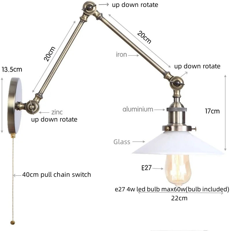 Helnys Vintage Clear Glass LED Wall Lamp with Pull Chain Switch