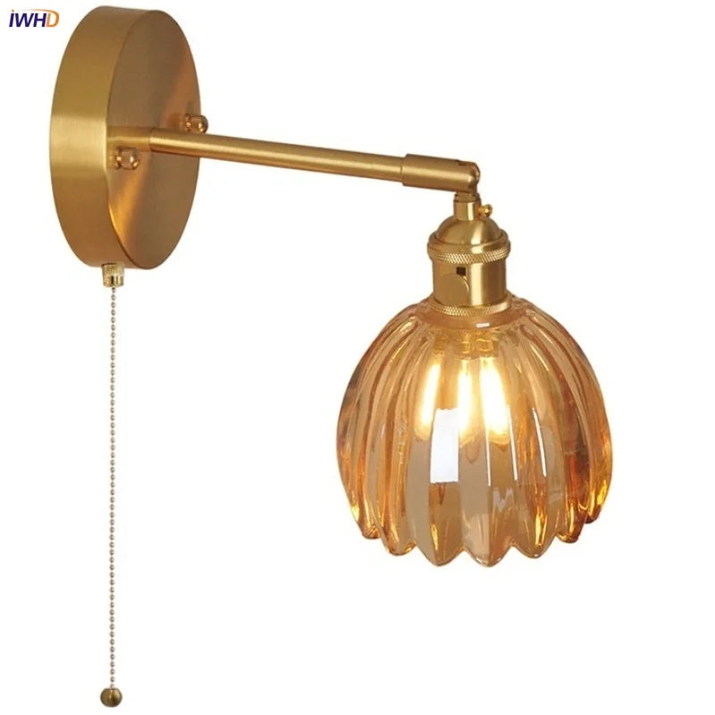 Helnys Vintage LED Glass Wall Light Fixture Pull Chain Switch Bedside Lamp