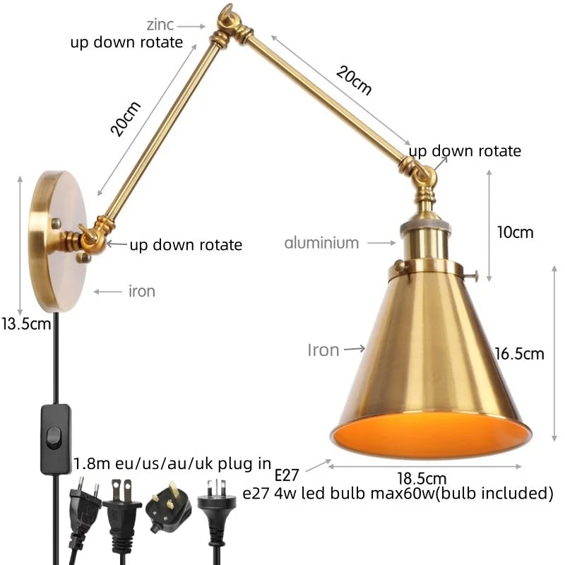 Helnys Retro LED Swing Arm Wall Sconce Black Industrial Vintage Loft Lamp