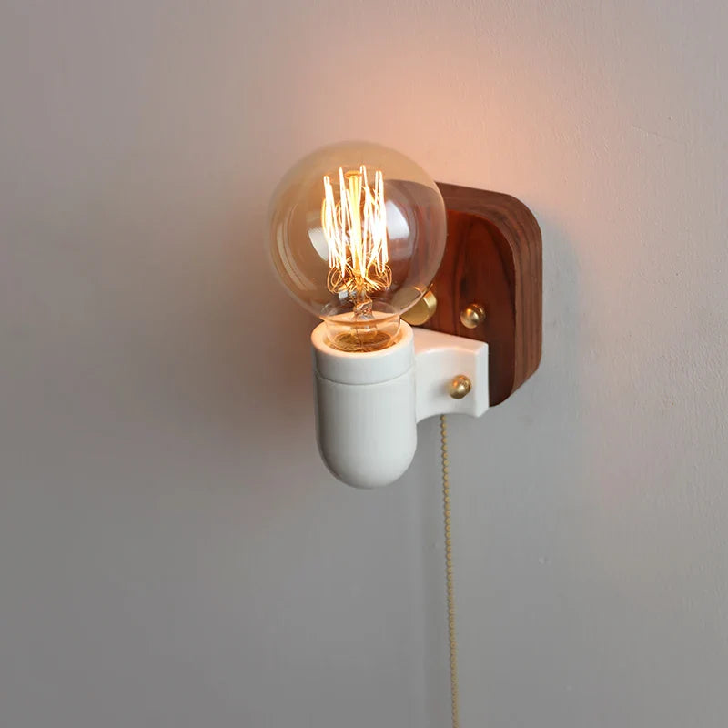 Helnys Ceramic LED Wall Light Mirror Bathroom Decoration Wooden Bedside Lamp