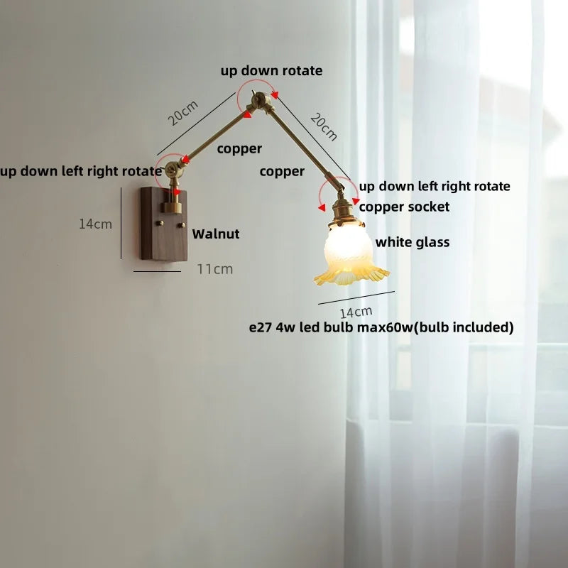 Helnys Yellow Glass LED Wall Lights Walnut Wood Bedside Lamp