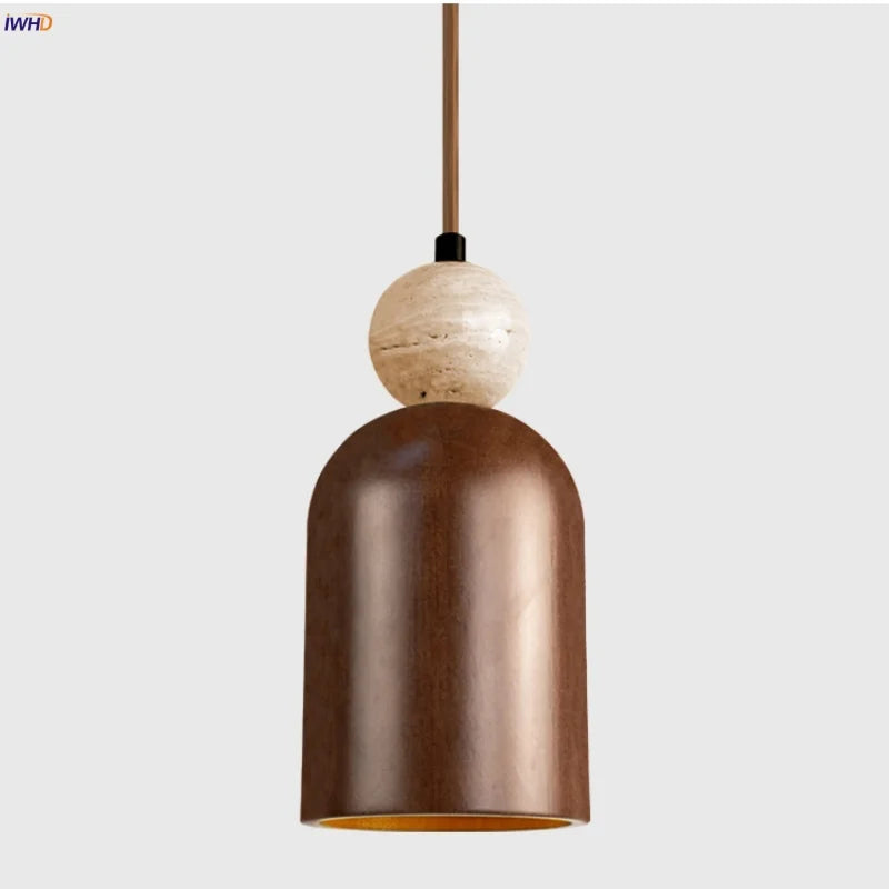 Helnys Wabi Sabi LED Pendant Lamp Wood Travertine Adjustable Hanging Lights
