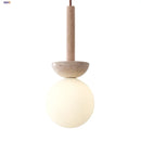 Helnys White Glass LED Pendant Lights - Modern Nordic Yellow Travertine Wood Hang Lamp
