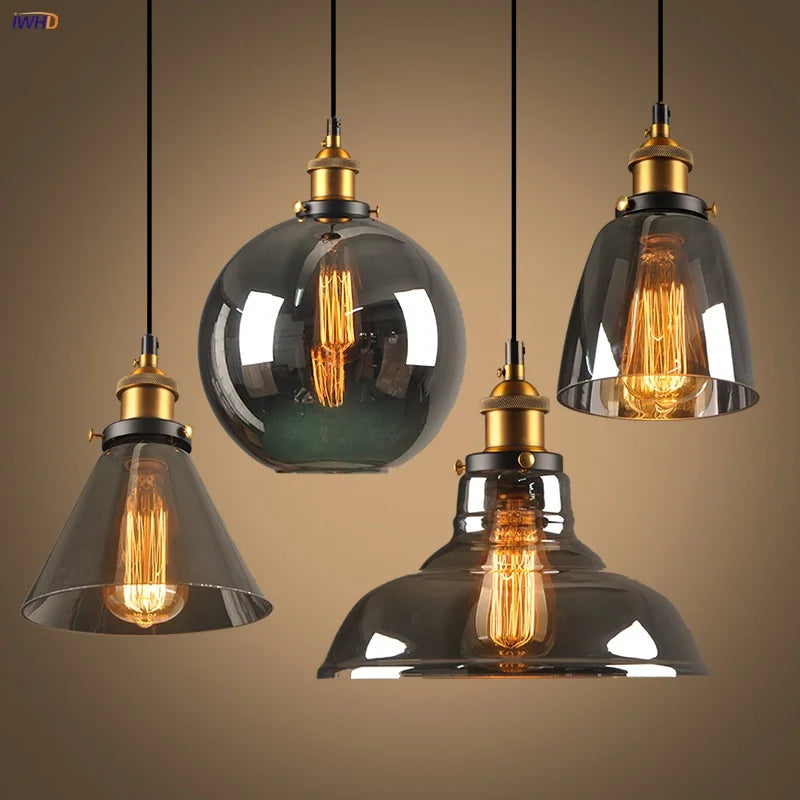 Helnys Loft Smoke Gray LED Pendant Lamp Brass Glass Vintage Hanging Light