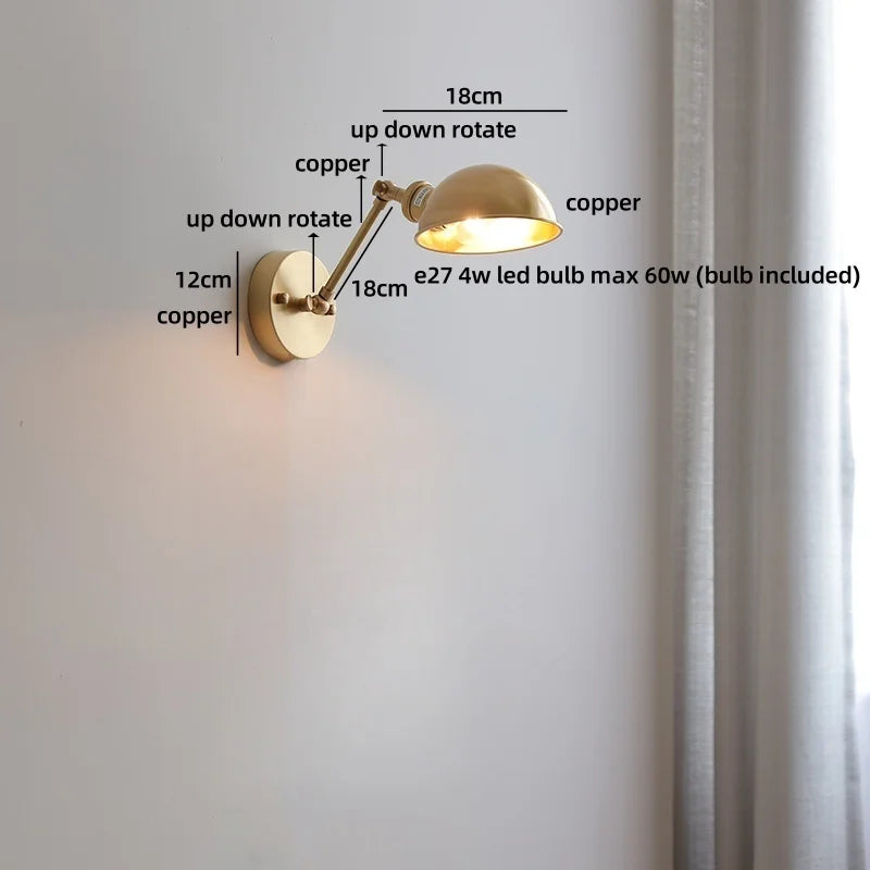 Helyn's Nordic Swing Arm LED Wall Lamp - Modern Copper Bedside Light