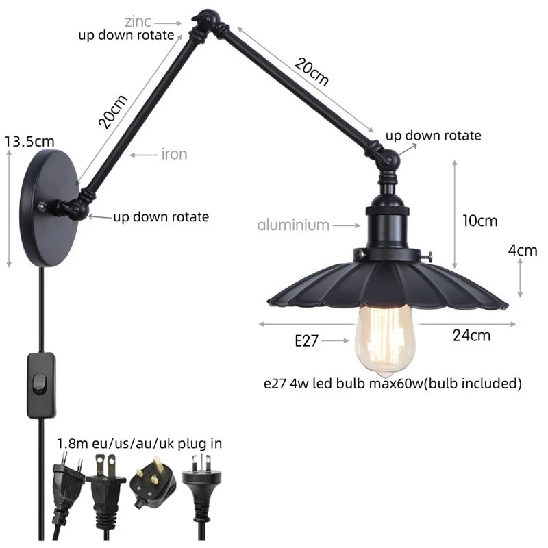 Helnys Adjustable Black Iron LED Wall Light - Industrial Vintage Bedside Lamp