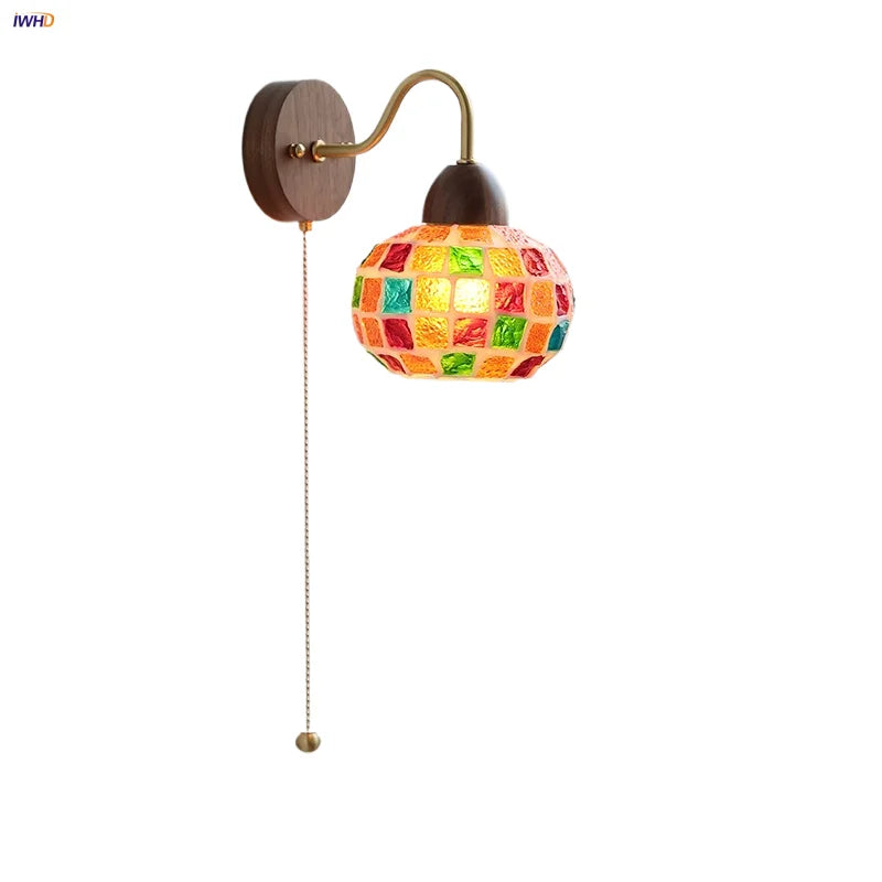 Helnys Tiffany Style LED Wall Sconce Pull Chain Switch Colorful Glass Stair Light
