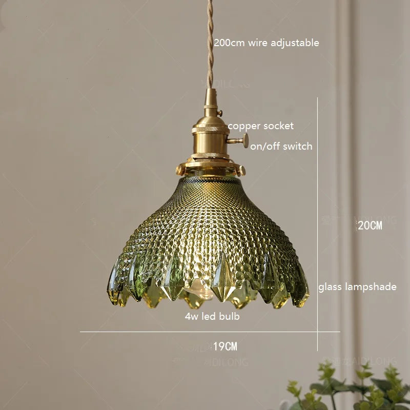 Helnys Green Glass LED Pendant Lamp with Copper Wood Handle for Dinning Living Room