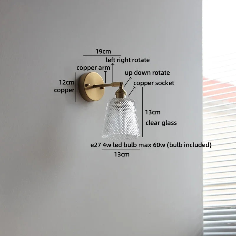Helnys Nordic Crystal Glass Wall Sconce LED Light Fixture Antique Brass Gold Bedroom Lamp
