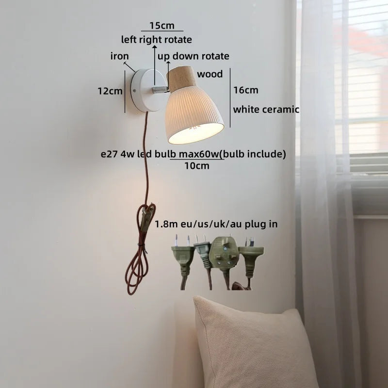 Helnys LED Wood Wall Lamp White Ceramic Japanese Style Mirror Light