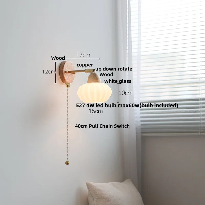Helnys Iron Wood LED Wall Light Pull Chain Switch White Glass Rotate Bedside Lamp