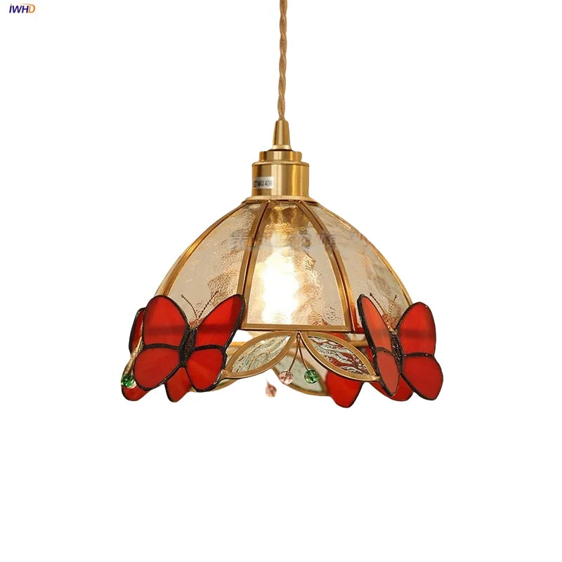 Helnys Red Butterfly LED Pendant Lamp Tiffany Glass Hanging Light