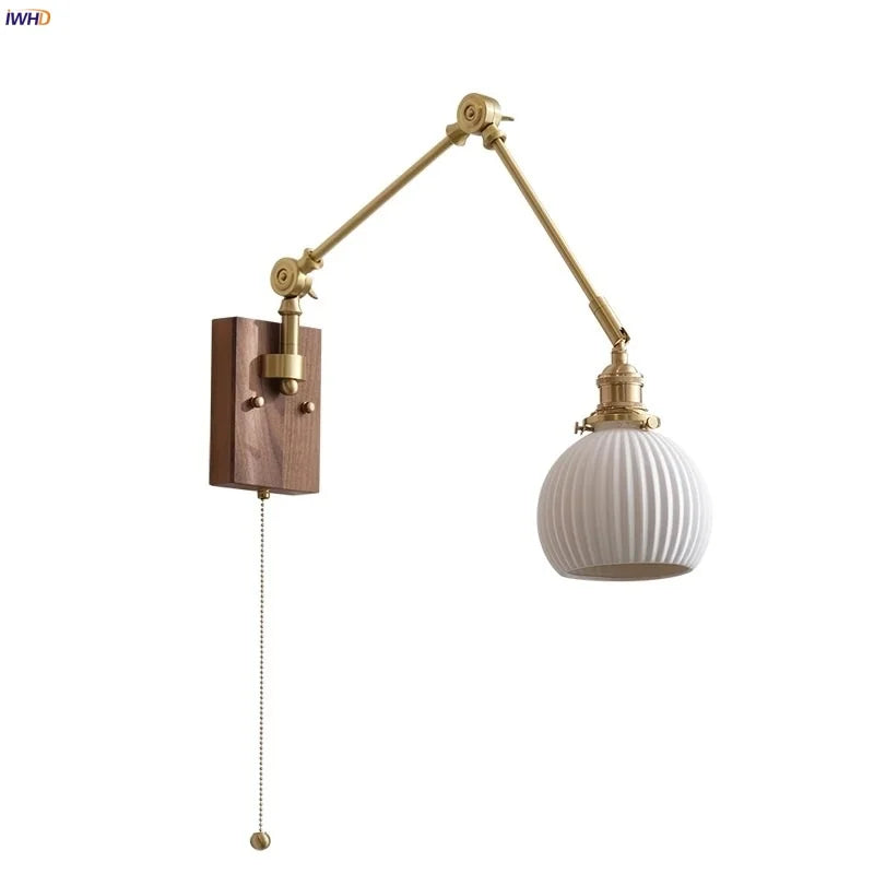 Helnys Ceramic Ball LED Wall Light Brass Walnut Wood Bedside Lamp