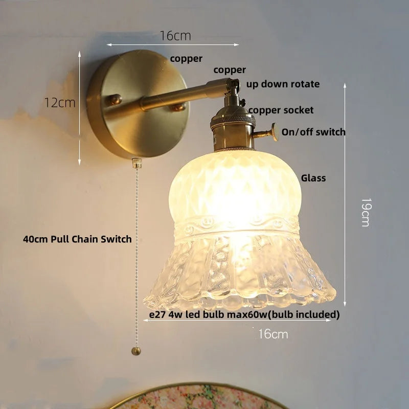 Helnys Brass LED Wall Lamp Sconce Pull Chain Switch Stair Light Fixtures