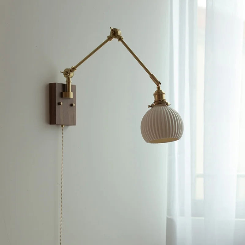 Helnys Ceramic Ball LED Wall Light Brass Walnut Wood Bedside Lamp