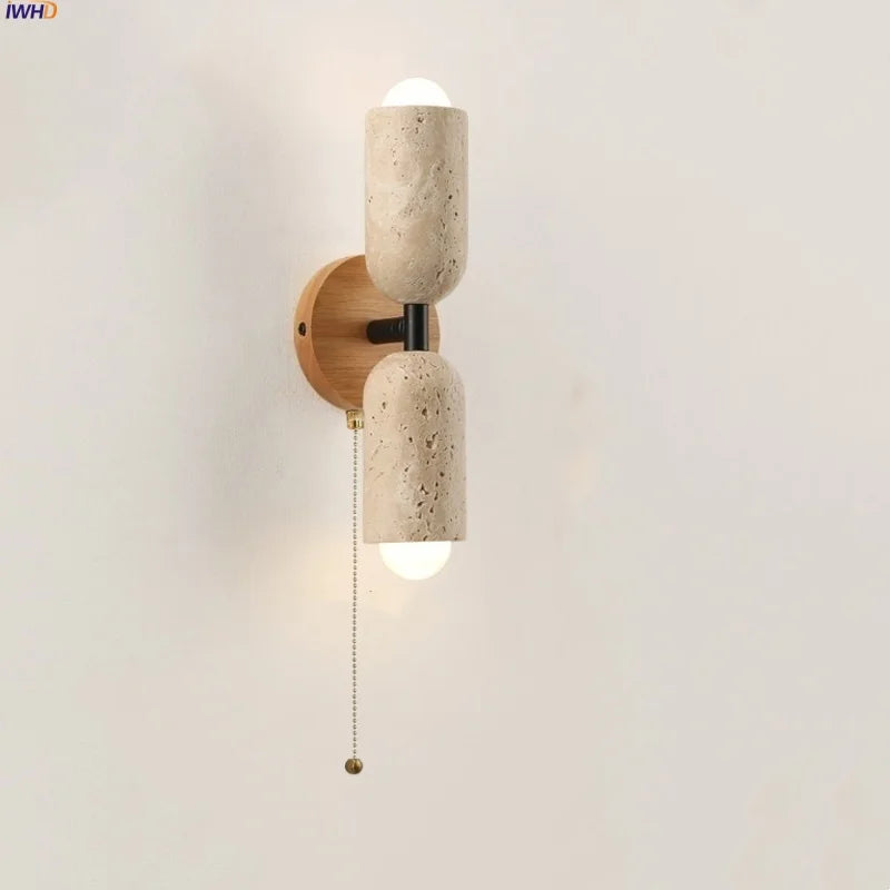 Helnys LED Wall Light Fixture Modern Nordic Design 2 Yellow Travertine Stone Wood Bedside Lamp