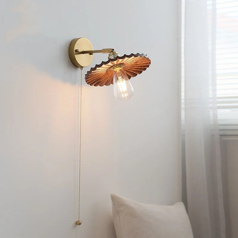 Helnys Nordic LED Wall Light Walnut Wood Copper Sconce with Pull Chain Switch