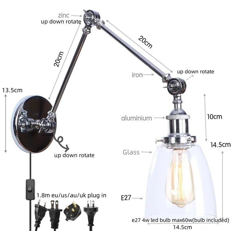 Helnys Chrome Industrial Swing Arm LED Wall Sconce Clear Glass Lamparas De Pared