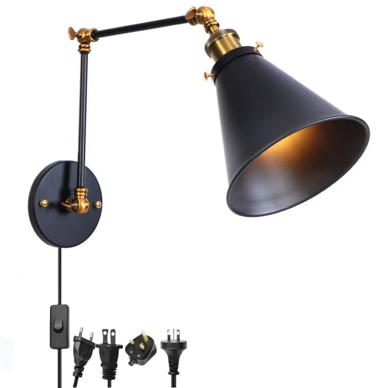 Helnys Retro LED Swing Arm Wall Sconce Black Industrial Vintage Loft Lamp