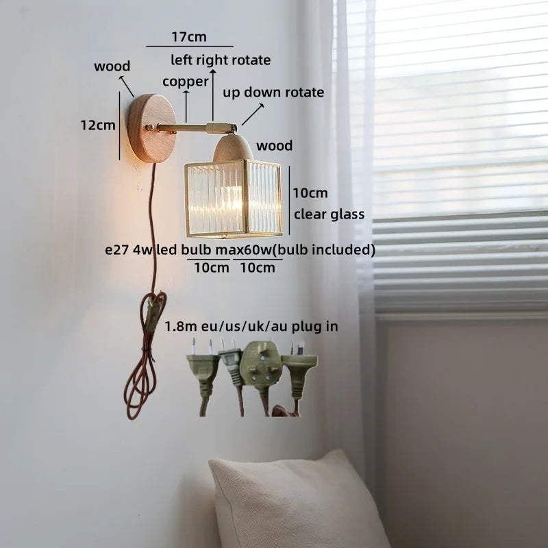 Helnys Square Glass LED Wall Light with Pull Wire Switch & Night Bedside Lamp