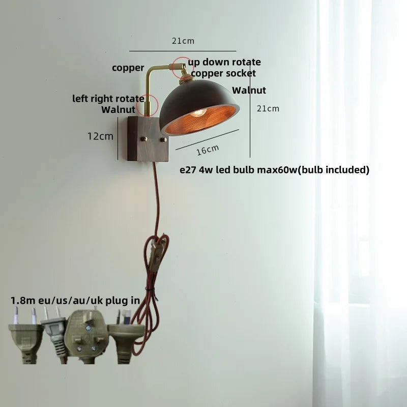 Helnys Walnut Wood LED Wall Sconce Vintage Copper Toggle Switch Lamparas