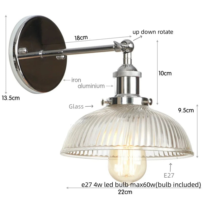 Helnys Clear Glass LED Wall Sconce Rural Bedroom Living Room Light Fixtures