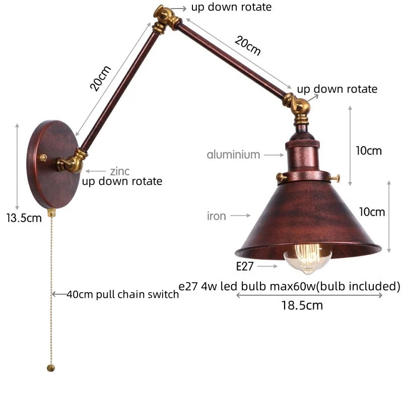 Helnys Vintage Iron LED Wall Lamp with Pull Chain Switch