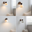 Helnys Modern LED Wall Light Fixture White Ceramic Walnut Wood Bedside Lamp